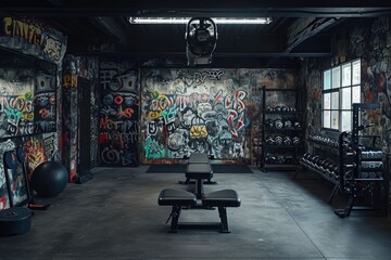 Obraz na płótnie Canvas Graffiti-Adorned Gym Walls Showcase Urban Artistry, Dark and grungy garage style gym with graffiti artworks, AI Generated