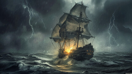 A majestic 17th century sailing ship on a stormy ocean in the evening - obrazy, fototapety, plakaty