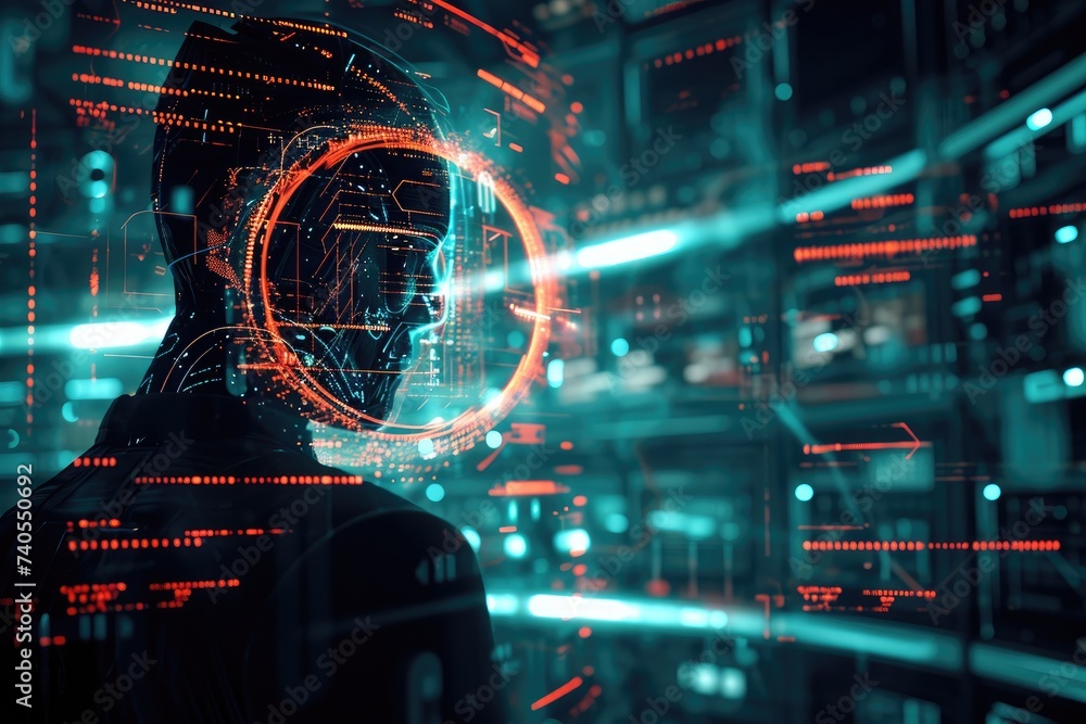 Poster a man with a distinctly futuristic face stands against a backdrop of a futuristic environment, data 