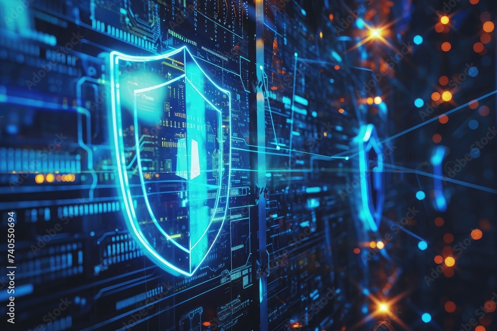Poster a computer screen displaying a blue shield symbol, indicating protection of data and preventing unau