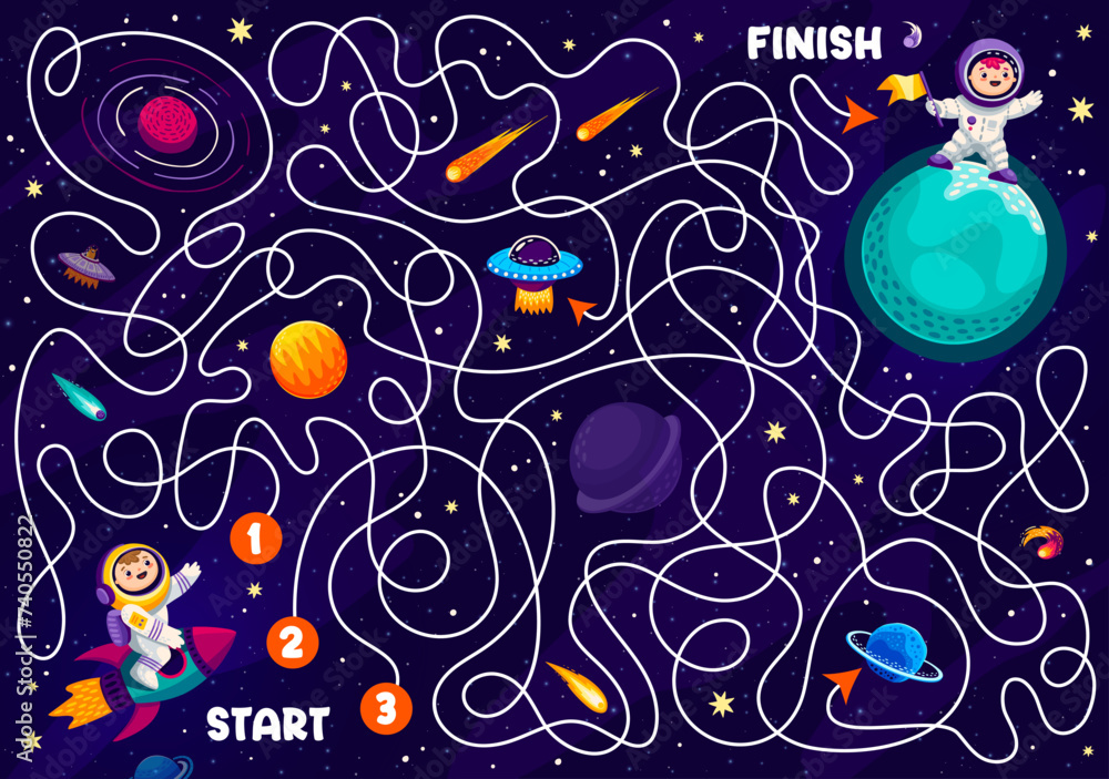 Poster space labyrinth maze game. help to kid astronaut find a friend on far alien planet in galaxy. vector