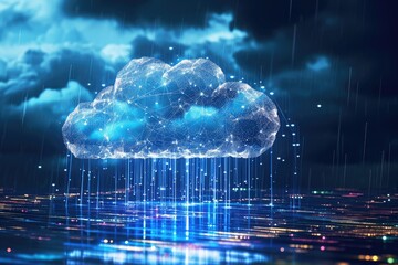 A blue cloud hangs in the sky, hovering over the illuminated buildings and streets of a city at night, Depict data leaks in cloud storage as a storm in a cloud, AI Generated