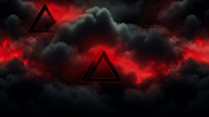 Red neon triangles in clouds. - obrazy, fototapety, plakaty