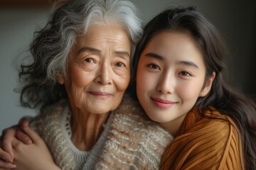 Happy asian old grandmother hugging grown grandchild girl looking at camera, smiling mature mother or senior grandma granny embracing granddaughter or daughter. International Day of Older Persons