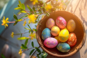 Happy Easter Eggs Basket Unfilled space. Bunny hopping in flower scripted decoration. Adorable hare 3d infographic illustration rabbit illustration. Holy week easter hunt Outdoors card barbecues