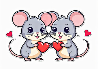 two cartoon mice standing next to each other, each holding a red heart. They are both cute and grey in color