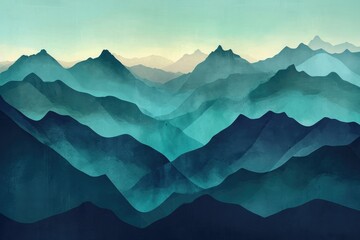 A realistic painting capturing the beauty of a snow-covered mountain range set against a clear sky, Depiction of mountains at sunset in a variety of teal shades, AI Generated