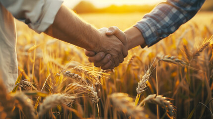Two individuals shaking hands in a golden wheat field, symbolizing successful agricultural agreements or partnerships. - obrazy, fototapety, plakaty