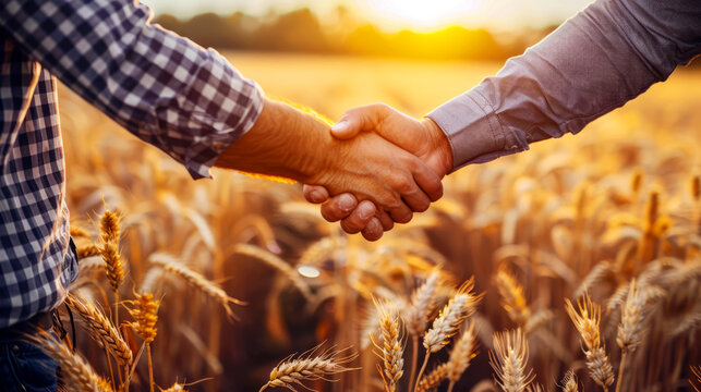 Two individuals shaking hands in a golden wheat field, symbolizing successful agricultural agreements or partnerships.