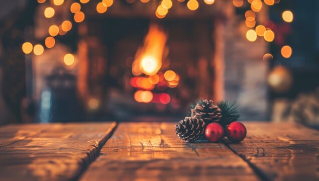 Wood table with blurry christmas tree and fireplace background with copy space set christmas on wooden table in front of fireplace AI generative