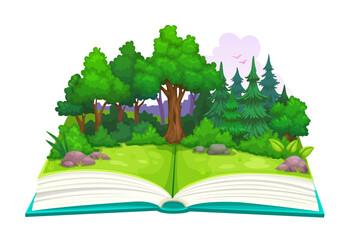 Opened book with green forest meadow and trees vector nature landscape on pages. Cartoon trees, plants, grass and stones under sky with clouds and birds on paper sheets of storybook, literature themes