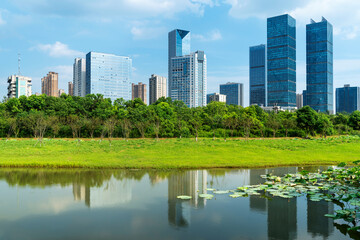 Fototapeta na wymiar Lakeside modern office building in China