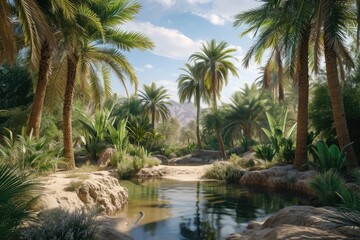 Obraz premium An art piece depicting a river surrounded by lush palm trees, capturing the beauty of nature, Desert oasis with palm trees and a small pond, AI Generated