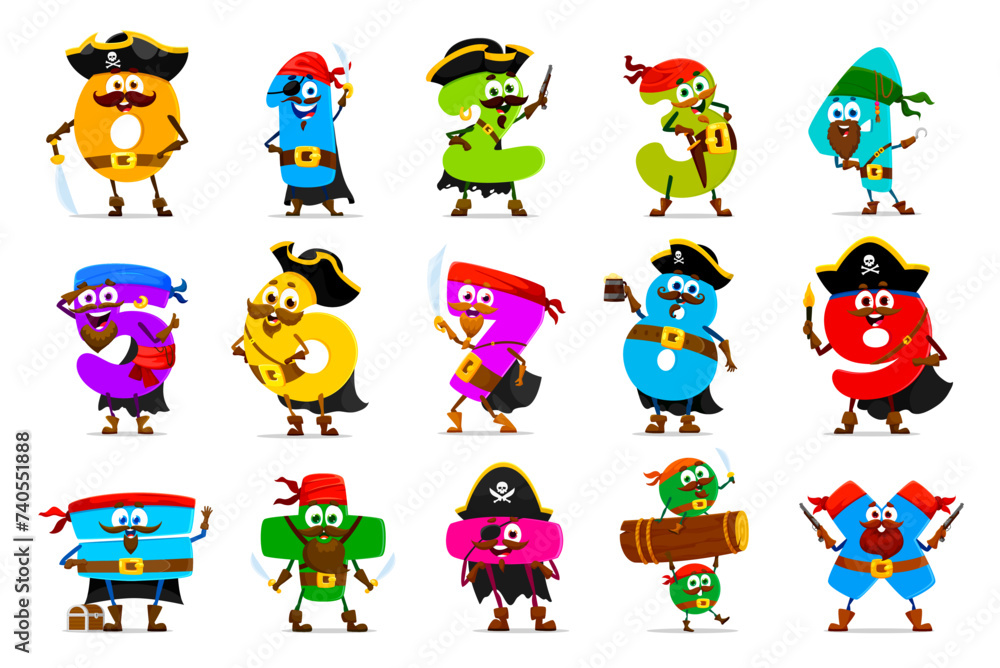Poster cartoon funny number pirate or corsair characters wielding swords and guns. vector math personages e