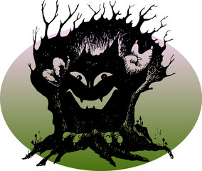 pen drawing of a scary monster emerging from a dark forest