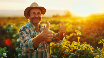 A happy farmer in a plaid shirt and overalls gives a thumbs up in his lush vegetable garden at sunset. - obrazy, fototapety, plakaty