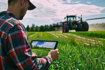 A farmer operates advanced farming machinery with a tablet digital display.