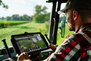 A farmer operates advanced farming machinery with a digital display inside the tractor cabin.