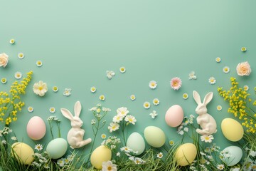 Happy Easter Eggs Basket bat mitzvah card. Bunny hopping in flower rose mauve decoration. Adorable hare 3d Lavender rabbit illustration. Holy week easter hunt orange creamsicle card Christianity - obrazy, fototapety, plakaty