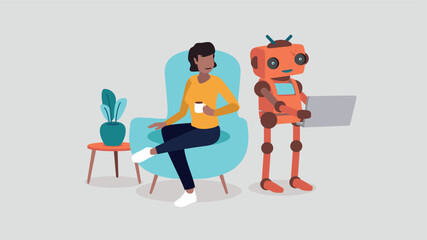 Eine Person sitzt entspannt auf dem Sofa, während ein Roboter mit künstlicher Intelligenz an einem Laptop arbeitet - Konzept der künstlichen Intelligenz