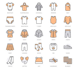 Baby clothes flat line icons set. Bodysuit, coverall, romper, buster suit, newborn nest, girl dress vector illustrations. Outline signs for children fashion store. Orange color, Editable Stroke