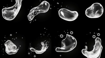Set liquid white foam from soap or shampoo or shower gel. Abstract bubbles. isolated on a black background