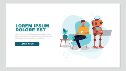 Eine Person sitzt entspannt auf dem Sofa, während ein Roboter mit künstlicher Intelligenz an einem Laptop arbeitet - Konzept der künstlichen Intelligenz