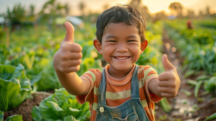 Smiling young boy in a sunhat giving a thumbs up in a vibrant vegetable garden, showcasing joy and healthy living.