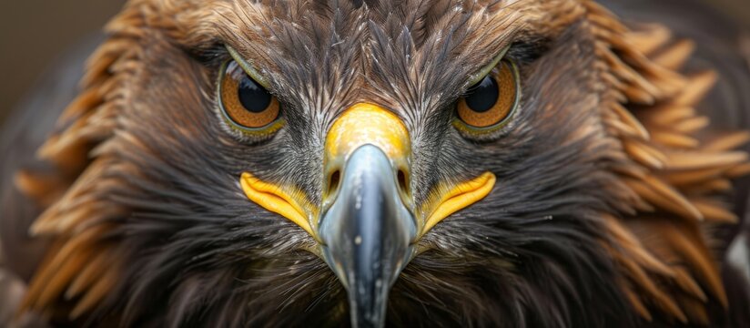 A closeup image of an eagles face showcasing its distinctive yellow beak, a feature commonly seen in birds of prey from the Accipitridae family