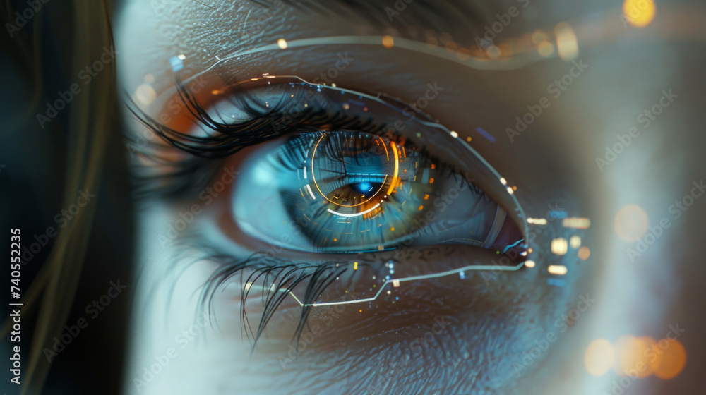 Poster close-up of a human eye with digital enhancements and glowing circuit patterns, conceptually illustr