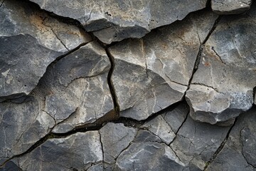 This close-up photo showcases the intricate cracks and textures found on the surface of a rock, Detail of a cracked stone through a macro lens, AI Generated