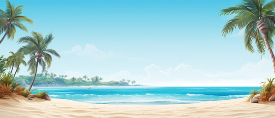 Fototapeta na wymiar Serene beach scene with palm trees and crystal blue waters under a clear sky