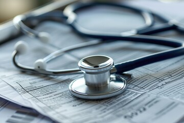 A stethoscope rests atop a stack of papers, indicating the intersection of paperwork and medical care, Detail shot of a stethoscope's earpiece lying atop a crumpled medical report, AI Generated