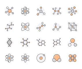 Molecule flat line icons set. Chemistry science, molecular structure, chemical laboratory dna cell protein vector illustrations. Outline signs scientific research. Orange color, Editable Stroke