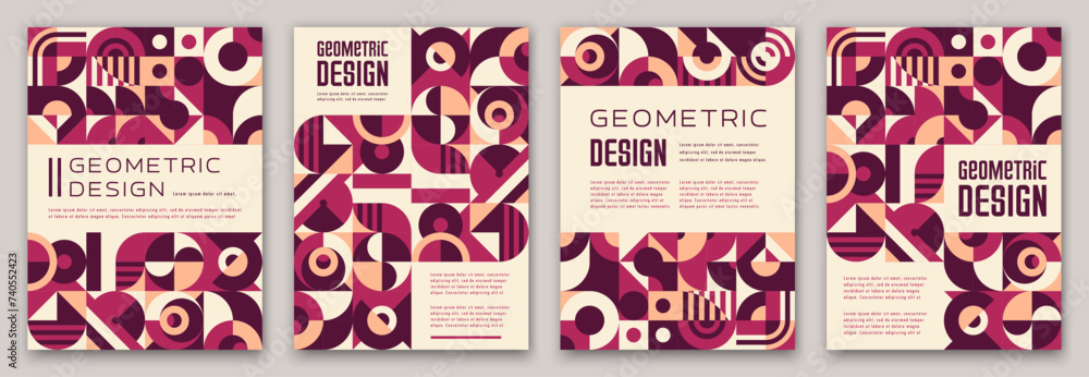 Poster beige, maroon, purple and pink modern posters with abstract geometric pattern. vector vibrant vertic