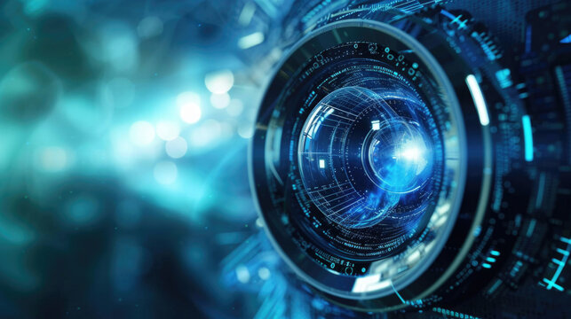 modern object with a camera lens, close-up, projection of laser networks with rays, abstract background - Powered by Adobe