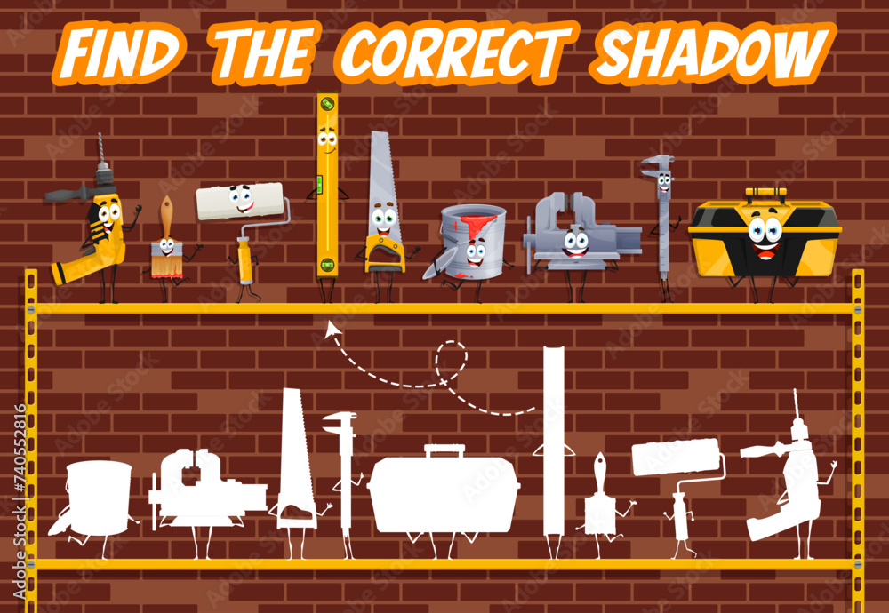 Wall mural find correct shadow of cartoon diy and repair tools characters, vector game worksheet. kids game qui