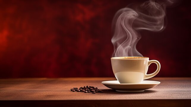 The perfect white cup with steaming coffee sitting on oak table on grungy burgundy background