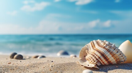 Fototapeta na wymiar Travel, vacation concept. Sea shells on sand and blue background. Travelling, trip. Travel text. High quality photo