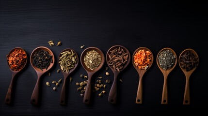 Various kinds of tea in wooden spoons on black table - obrazy, fototapety, plakaty