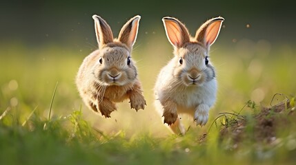 Obraz premium Two rabbits (Oryctolagus cuniculus), playing, crossing with domestic rabbit (Oryctolagus cuniculus forma domestica), Lower Austria, Austria, Europe