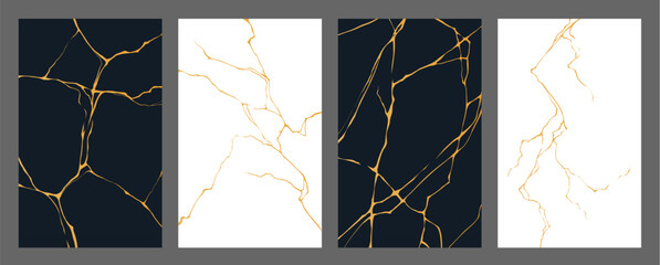Golden kintsugi cracks, marble tile texture pattern. Black and white vertical vector backgrounds, reminiscent to ancient Japanese art, repairs broken pottery with lacquer mixed with powdered gold - obrazy, fototapety, plakaty