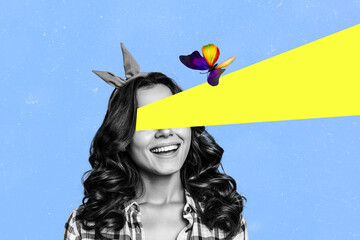 Collage image of black white effect cheerful girl toothy smile eyes radiate light flying butterfly isolated on blue background - Powered by Adobe