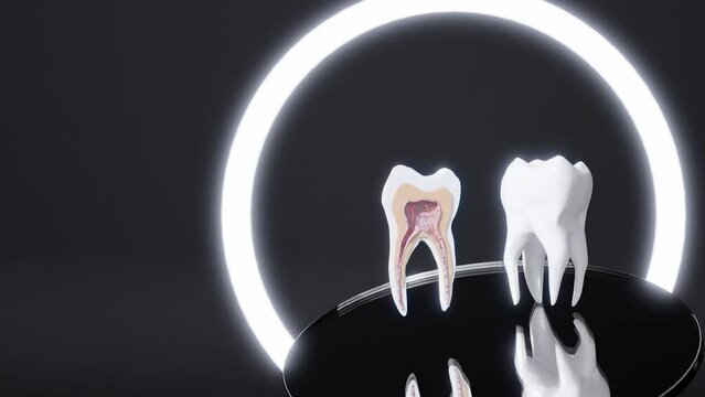 Molar tooth cross section nerves and implant in dentist studio 3d rendering animation black background 