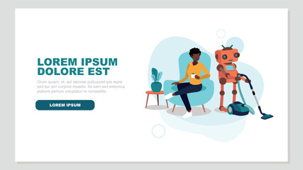 Ein Mensch entspannt sich in einem Sessel, während ein Roboter das Haus putzt - Konzept der künstlichen Intelligenz