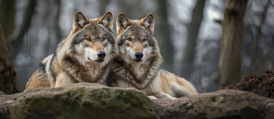 Two terrestrial carnivores, Canis lupus, with fur and whiskers, are resting next to each other on a rock in the woods