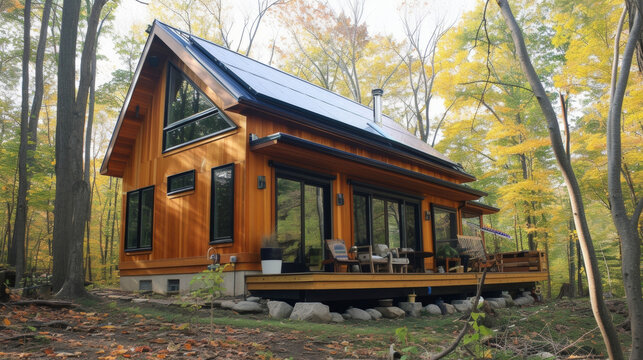 Nestled a the trees this pive solar cabin features large southfacing windows that collect and distribute sunlight for natural heating making it a cozy retreat all year round.