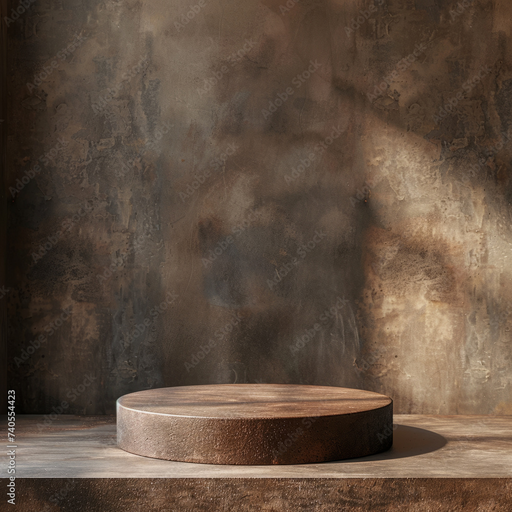Poster an empty rustic round podium with textured background, warm lighting, and shadows, designed for show