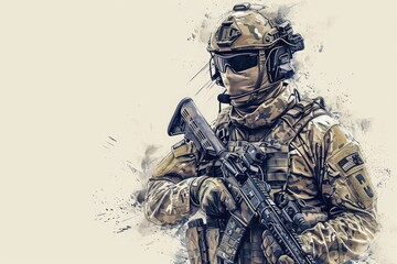Fototapeta premium A precise and detailed drawing capturing the image of a soldier firmly holding a rifle, Detailed illustration of modern Special Forces soldier in full gear, AI Generated