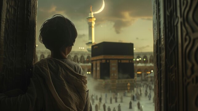 crescent moon and kaaba, and flying birds from behind a window